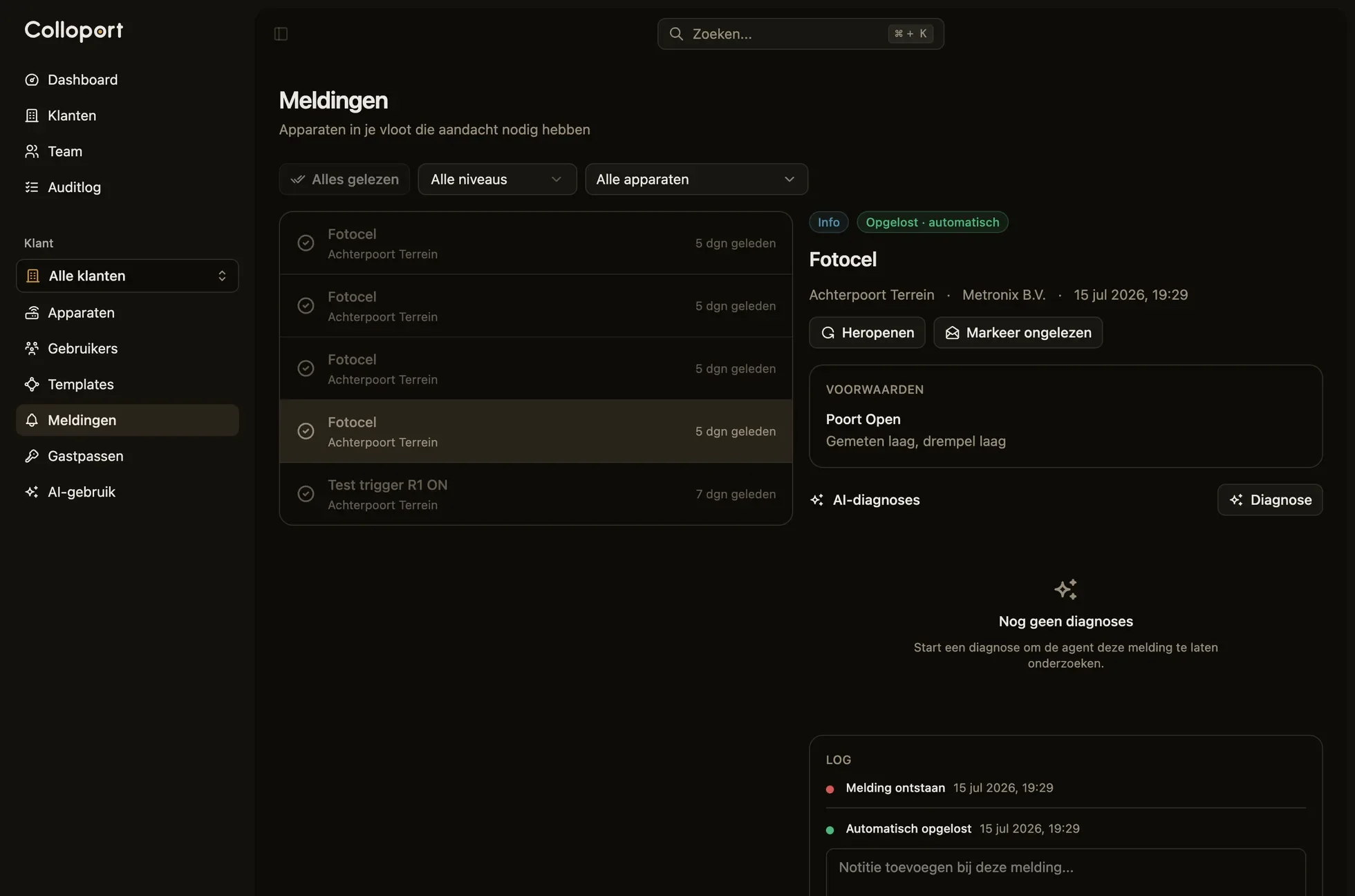 De meldingen-inbox van de Colloport-console in donkere modus.