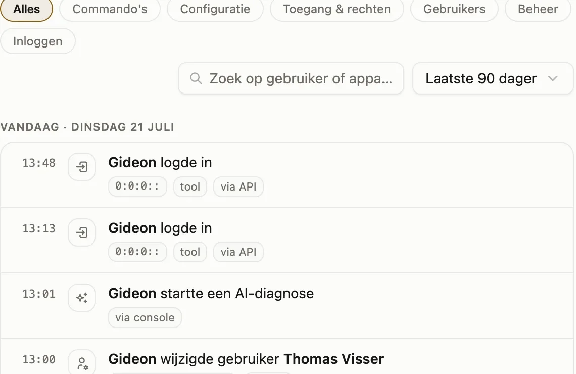 Het auditlog: tijdlijn van acties met categoriefilters en een overbruggingsregister.